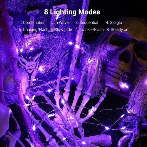 Vista 2 de BrizLabs Luces moradas de Halloween, 19.47 pies, 60 luces LED de Halloween, 8 modos de luz morada con control remoto, luz parpadeante impermeable al