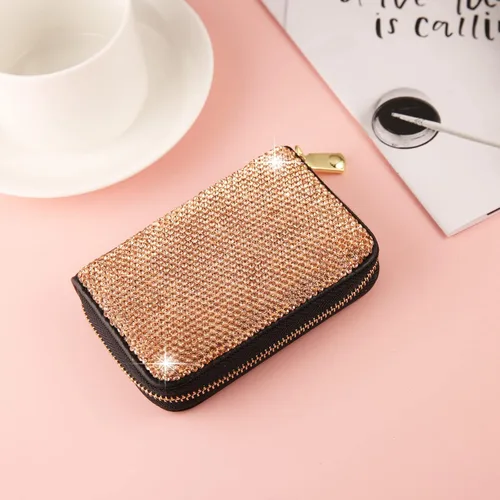 Vista 5 de AsAlways Funda con cremallera multicapa con diamantes de imitación RFID, cartera pequeña delgada para mujer, Oro, Moderno