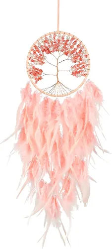 Vista 8 de Atrapasueños grandes del árbol de la vida, plumas de gallo rosa con ágata roja, atrapasueños de chakras hecho a mano para dormitorio, un Rosa