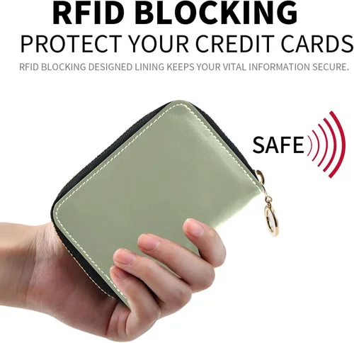 Vista 2 de Small RFID Credit Card Holder Wallet with Zipper, Leather Wallet Case for Women Light Green Background