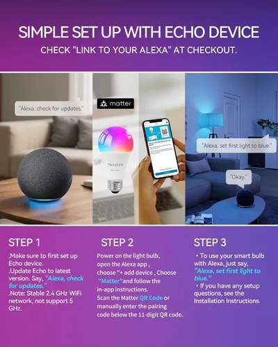 Vista 4 de Matter - Bombillas inteligentes, bombilla que cambia de color, requiere concentrador, A19 60W, WiFi de 2.4 GHz, compatible con Alexa Google
