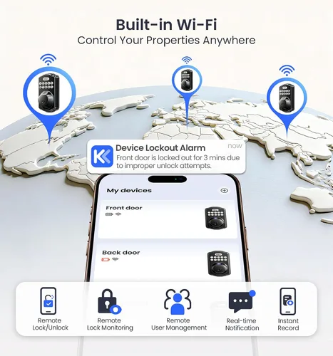 Vista 2 de Veise VE012W-B Cerradura inteligente de huellas dactilares Wi-Fi con juego de manija, control remoto de aplicación, palanca de puerta delantera