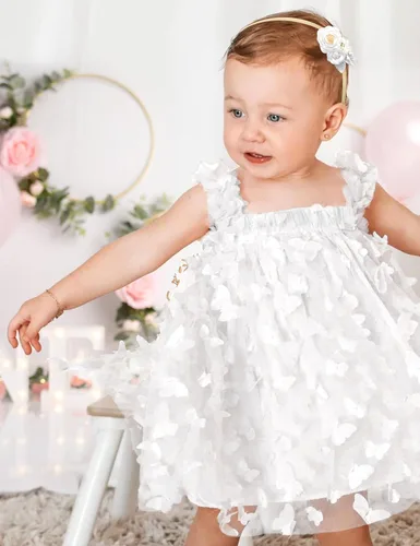 Vista 2 de Vestido tutú para niñas pequeñas, sin mangas, con diseño de mariposa, tul, para cumpleaños, princesa, con diadema de flores