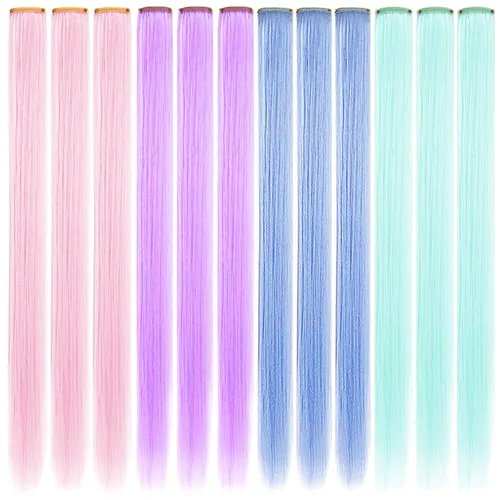 Vista 2 de 12 extensiones de cabello de colores resistentes al calor sintético liso (verde claro, rosa claro, azul claro, morado claro)