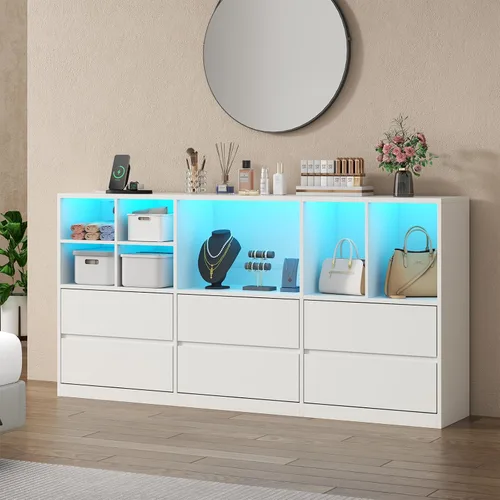 Vista 9 de Gyfimoie Cómoda negra para dormitorio con 6 cajones, cómoda con luces LED y estación de carga, cómoda de 63 pulgadas de largo con 7 cubos abiertos