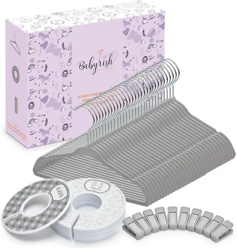 Vista 10 de Babyrish Perchas de terciopelo para bebé con 10 clips y 8 divisores (paquete de 30) Perchas ultrafinas para ropa de bebé de 11 pulgadas Fieltro