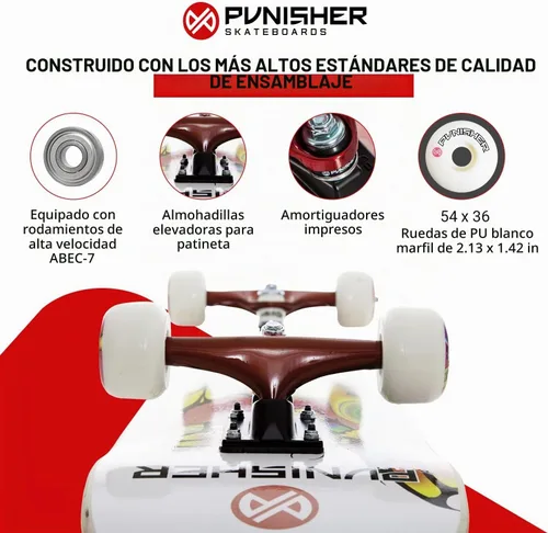 Vista 3 de Punisher Monopatín para niñas completo con rodamientos ABEC-7 de arce canadiense ABEC-7 de 31.5 x 7.75 pulgadas