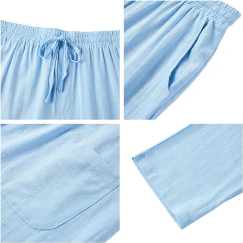 Vista 5 de Karlywindow Pantalones de lino para hombre, casuales, sueltos, ligeros, con cordón, cintura elástica, pantalones de verano para yoga y playa