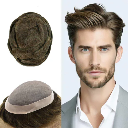 Vista 28 de Fine Mono Men Hair System Mens Toupee Real Human Hair Pieces For Men's Toupee Hair System For Men Hair Piece Natural Hairline 6X8 densidad de luz