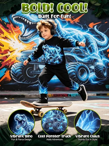 Vista 3 de Ochine Ropa para niños pequeños, sudadera de manga larga con estampado de dinosaurio T-Rex, sudadera y pantalones, 2 piezas, trajes de otoño e