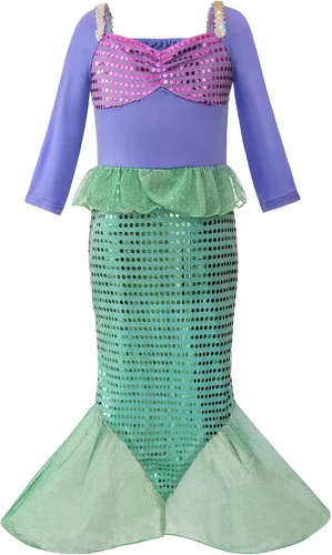 Vista 2 de JerrisApparel Disfraz de princesa de sirena para niñas vestido de fiesta de lentejuelas