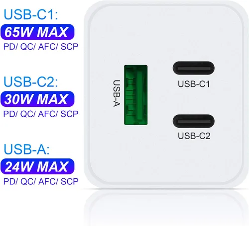 Vista 4 de NewWay Cargador rápido USB-C de 65 W de 3 puertos PD QC 3.0 de entrega plegable, cargador de pared USB-C para MacBook, iPad, iPhone Series con 15 16
