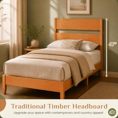 Vista 6 de KOMFOTT Twin Size Rubber Wood Bed Frame with Tall Headboard, Caramel Brown