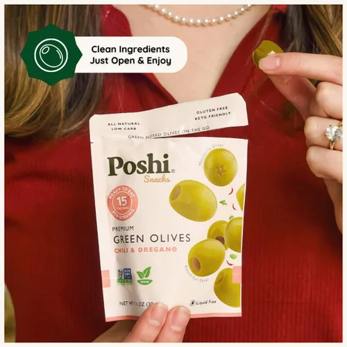 Vista 3 de Poshi Aceitunas Naturales Enteras Deshuesadas Paquete de 24 Variedades Albahaca y Ajo, Chile y Orégano, Chile + Ajo, Limón y Romero Vegano