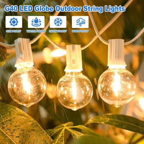 Vista 5 de Bosceos Tira de luces LED G40 para exteriores, 25 pies, regulables, inastillables, impermeables, con 12+2 bombillas conectables, luz colgante Blanco