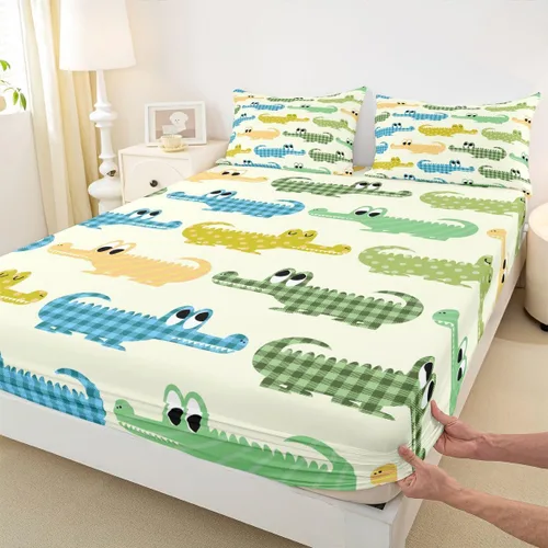 Vista 6 de Erosebridal Juego de ropa de cama de cocodrilo para niños, tamaño individual, lindo juego de sábanas de cocodrilo de dibujos animados para niños