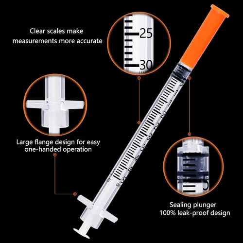 Vista 2 de Jeringa de 0.5 ml, suministros de laboratorio, 30G, 5/16 pulgada, envueltas de manera individual, paquete de 25