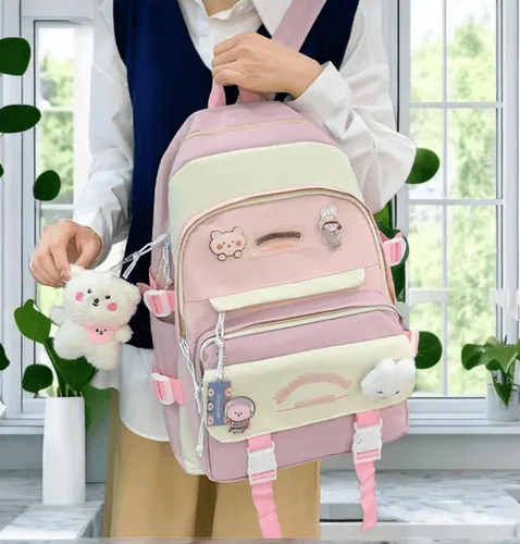 Vista 5 de MAVERY 5 piezas lindo Kawaii mochila conjunto de regreso a la escuela papelería bolsa mochila Tote adolescente bolsa portátil, Rosado (Pink 3)