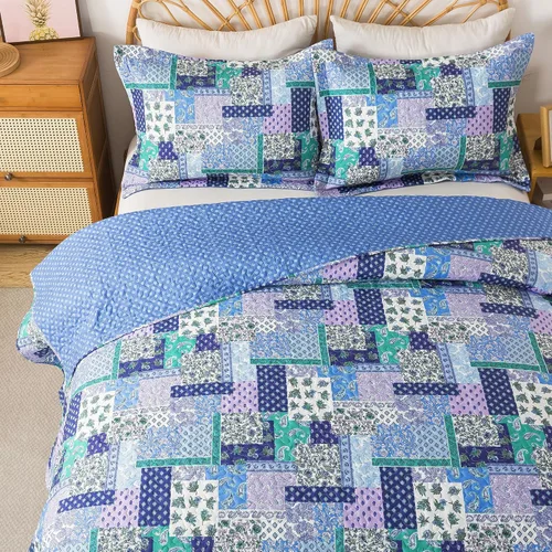 Vista 24 de Juego de cama de dos piezas, tamaño individual, de microfibra, reversible, de retazos, estilo floral, todas las estaciones, patrón de porcelana azul