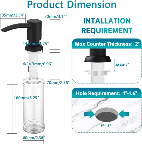 Vista 8 de Dispensador de jabón negro sin manchas para fregadero de cocina, dispensador de jabón negro mate con bomba ABS, diseño patentado, botella de jabón