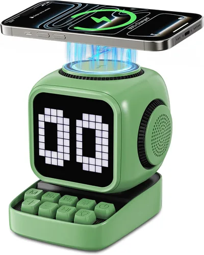 Vista 11 de Altavoz Bluetooth 5 en 1 de robot retro: cargador inalámbrico de 15 W, pantalla LED de píxeles, sonido estéreo de 10 W y 15 ruido blanco, reloj Negro