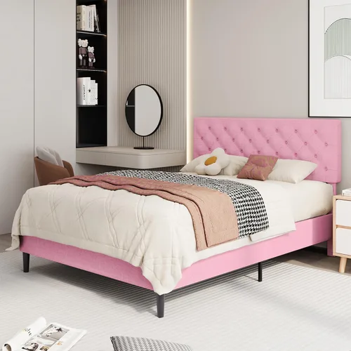Vista 3 de BarnFurin Marco de cama tamaño completo con cabecero, cama de plataforma tapizada con cabecera acolchada con botones ajustables, marco de cama