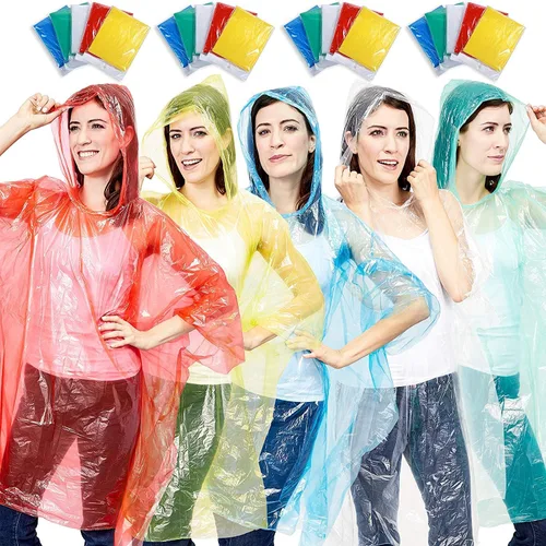 Vista 6 de Juvale Ponchos de lluvia para adultos, tamaño único (50 x 39.4 pulgadas), plástico con capucha, 5 colores vibrantes, paquete familiar de 20 ponchos