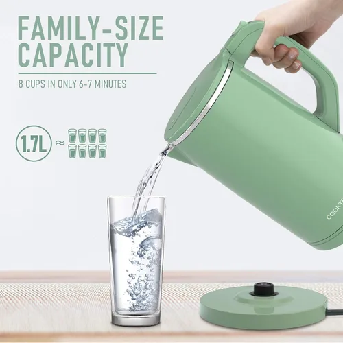 Vista 6 de COOKTRON Hervidor Eléctrico de 1.7L Silencioso, Hervidor de Agua Caliente de Doble Pared Libre de BPA, Tetera de Hervido Silencioso y Tacto Fresco