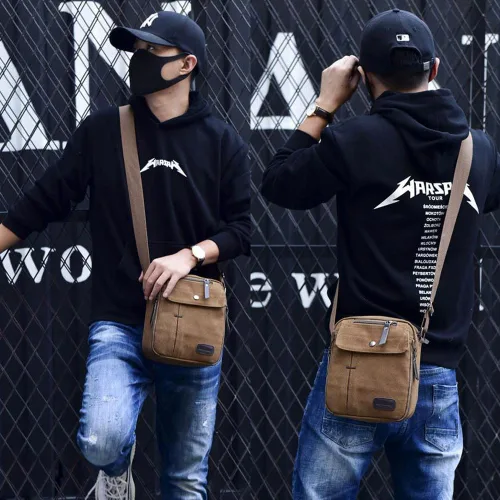 Vista 2 de MosaiRudo Bolsa de mensajero pequeña de lona para hombre, bolsa de hombro casual para hombres y mujeres, bolsa de transporte de viaje, bolsa