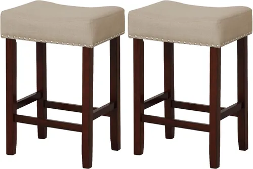 Vista 9 de COSTWAY Juego de 2 taburetes de madera sin respaldo de 25 pulgadas con borde de cabeza de clavo, marco de madera de goma, reposapiés, carga máxima