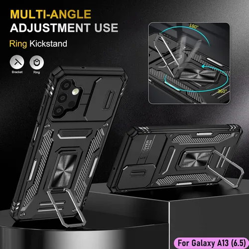 Vista 5 de Funda resistente para Samsung Galaxy A13 (5G), protector de parachoques de goma de doble capa de grado militar con protector de cámara deslizante