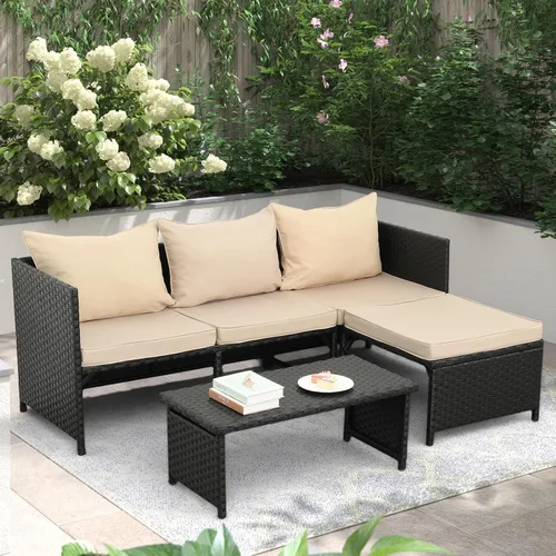 Vista 9 de Valita Juego de muebles de ratán PE para exteriores, 3 piezas, para patio, sofá biplaza de conversación de mimbre negro, sofá seccional, cojín gris