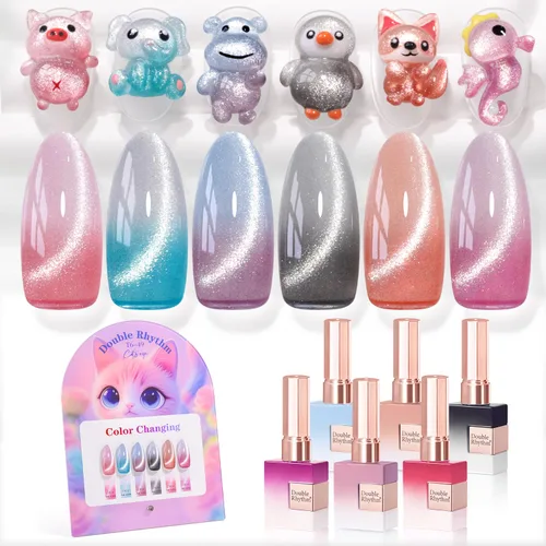 Vista 41 de Double Rhythm - Juego de esmalte de uñas de gel ojo de gato de 6 unidades, mismo color, misma botella, 14.8 ml, brillo con glitter, con imán Aurora