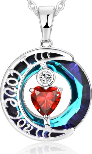 Vista 32 de Collares de cristal para mujer, regalos para aniversario de esposa, regalos de cumpleaños para mujeres, collar de zafiro azul con la frase "I Love