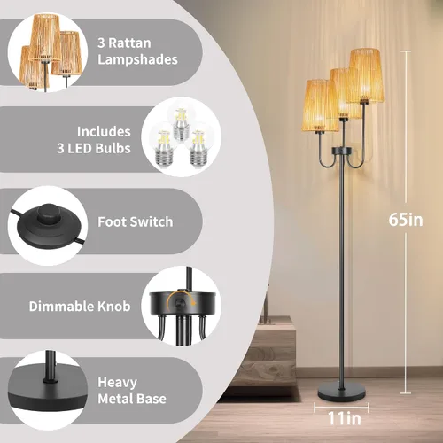 Vista 3 de Lámpara de pie de ratán para sala de estar, lámpara de pie de granja de 3 luces con pantallas de ratán, lámparas altas rústicas de 65 pulgadas