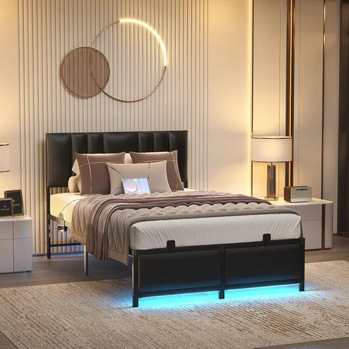 Vista 2 de Besiost Base de cama de tamaño individual con cabecera ajustable de 3 alturas, cama de plataforma tapizada de cuero con luz LED y estación de carga