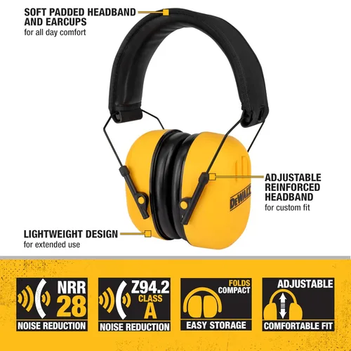 Vista 2 de DEWALT DPG18 Reductor Orejera Pasiva NRR28 Protección auditiva con diadema acolchada ajustable y diseño plegable compacto