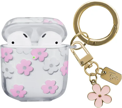 Vista 16 de Funda compatible con AirPods, funda de TPU suave con bonito patrón de flores para AirPods de 2 y 1 generación con llavero colgante y mosquetón