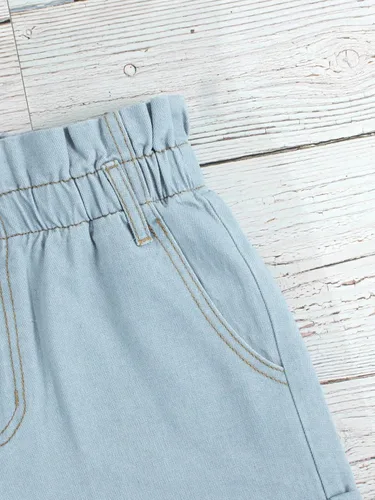 Vista 4 de WDIRARA Pantalones cortos de mezclilla de pierna recta de cintura alta con botones frontales y cintura elástica para niña