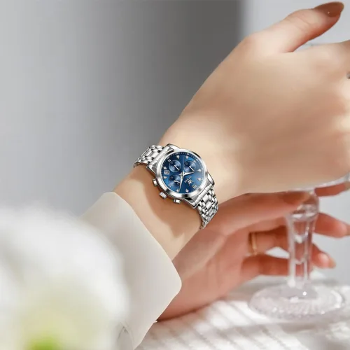 Vista 8 de OLEVS Reloj multifuncional de dos tonos para mujer, reloj analógico de cuarzo para mujer, de acero inoxidable, resistente al agua, con diamantes