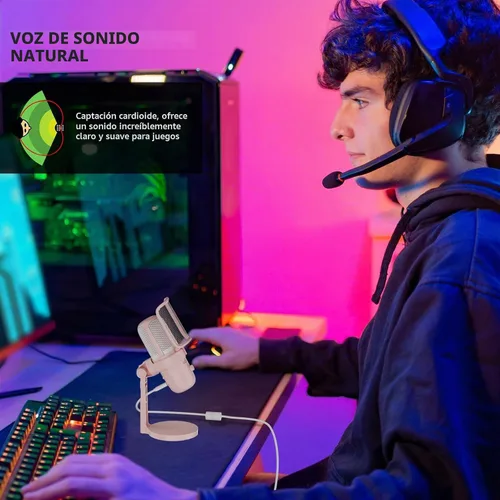 Vista 8 de Micrófono de condensador RGB de doble patrón para PC/PS5 Rosa salmón