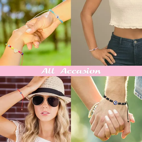Vista 7 de WILLBOND 60 pulseras de ojo malvado pulseras mexicanas con nudo de cuerda pulseras de cuentas ajustables pulseras de eslabones de la suerte