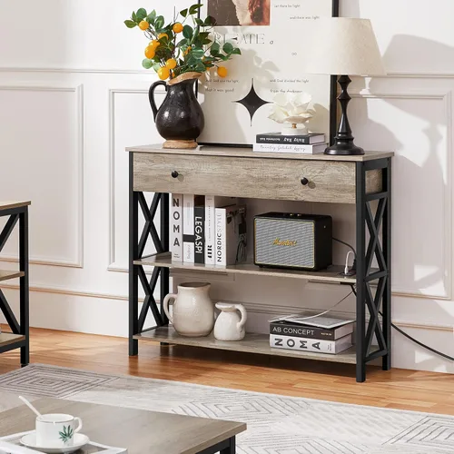 Vista 2 de Topeakmart Mesa consola de 40 pulgadas con 2 salidas y 2 puertos USB, mesa de entrada extra larga con cajón y diseño en forma de X, mesa de sofá Gris