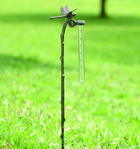 Vista 2 de Estaca de jardín de libélula de manómetro de lluvia - SPI Home - Calibre de aluminio para precipitaciones