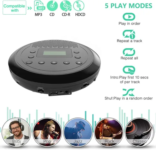 Vista 6 de MONODEAL Reproductor de CD portátil recargable Negro