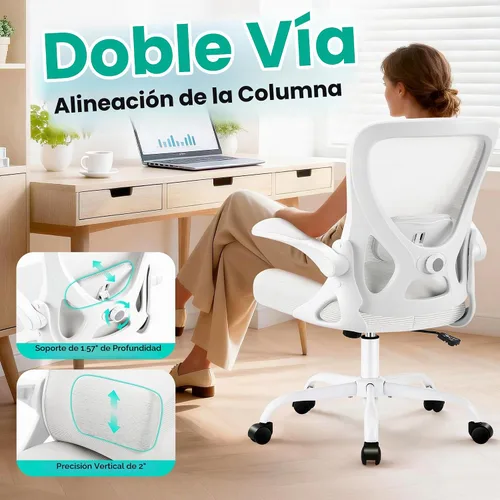 Vista 3 de AreShark Silla de oficina – Silla de escritorio ergonómica de malla transpirable con soporte lumbar ajustable y reposabrazos abatibles – Silla Blanco