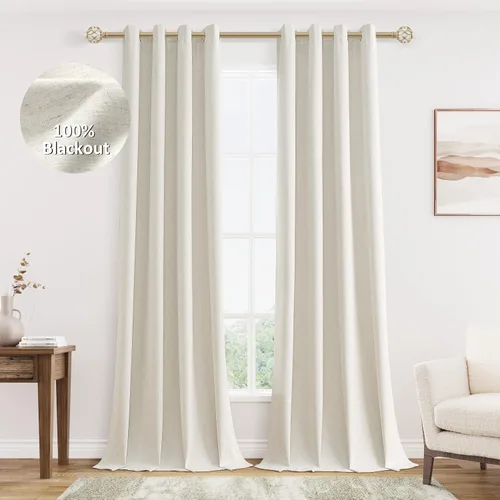 Vista 36 de Beige White Linen Blackout Curtains 90 Length 2 Panels Set for Living Room Bedroom, 100% Black Out Thermal Insulated Linen Drapes, Room Darkening