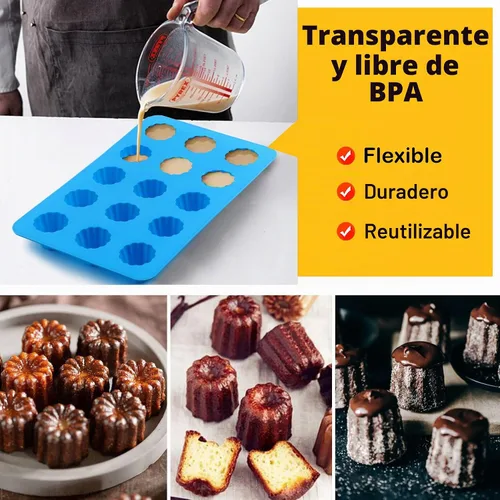 Vista 6 de Sidosir Molde de silicona para canele pequeño, 15 cavidades, mini molde antiadherente de silicona para hornear panecillos, moldes antiadherentes