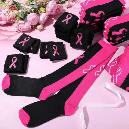 Vista 2 de Zhanmai 12 Pairs Breast Cancer Awareness Breast Cancer Pink Ribbon Socks Wristbands for Soccer Volleyball Football Baseball