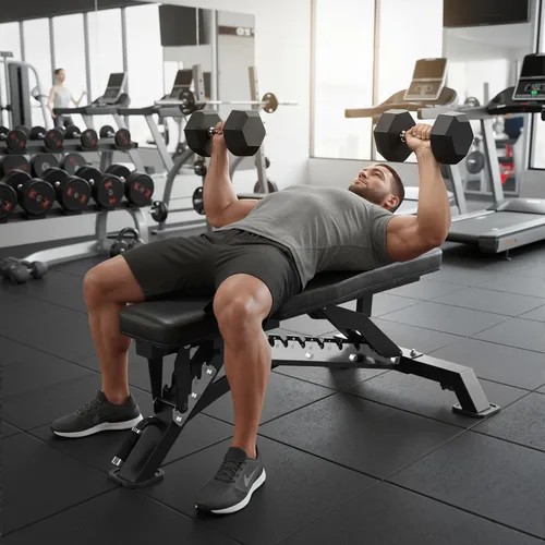 Vista 8 de RitFit Banco de pesas ajustable y plegable para gimnasio en casa, levantamiento de pesas y entrenamiento de fuerza, póster de entrenamiento